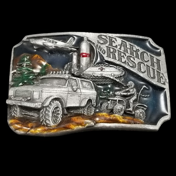 1980 Search And Rescue Pewter Belt Buckle‎ In Color Dedicated To Volunteers